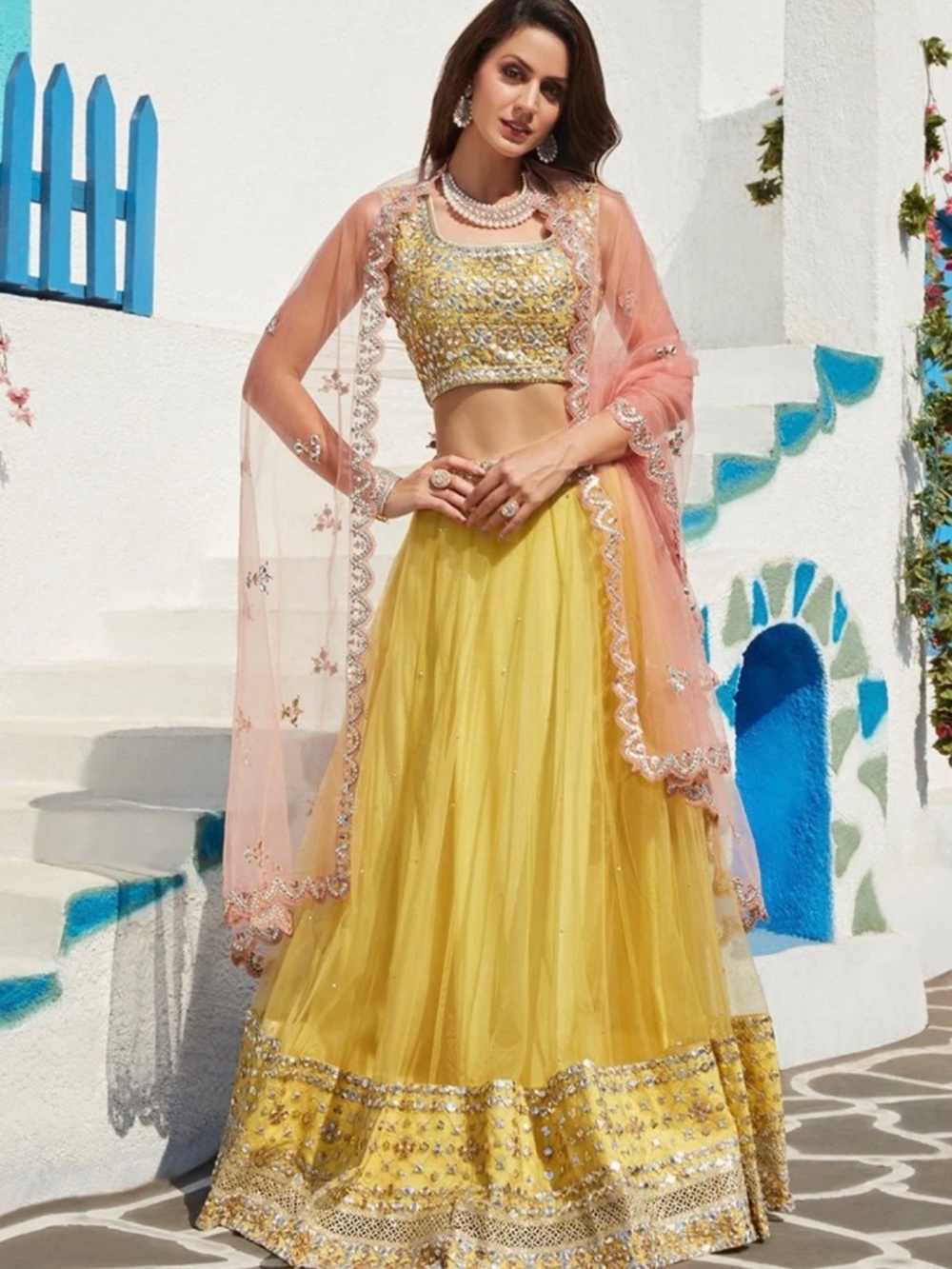Lashkaraa Yellow And Pink Embroidered Net Lehenga